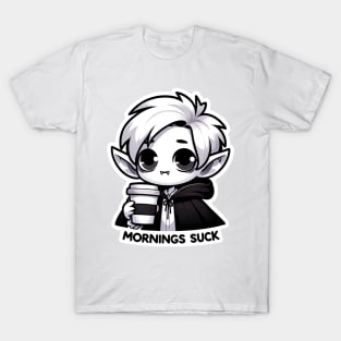 Mornings Suck Vampire Pun With Coffee Gothic Black and White T-Shirt